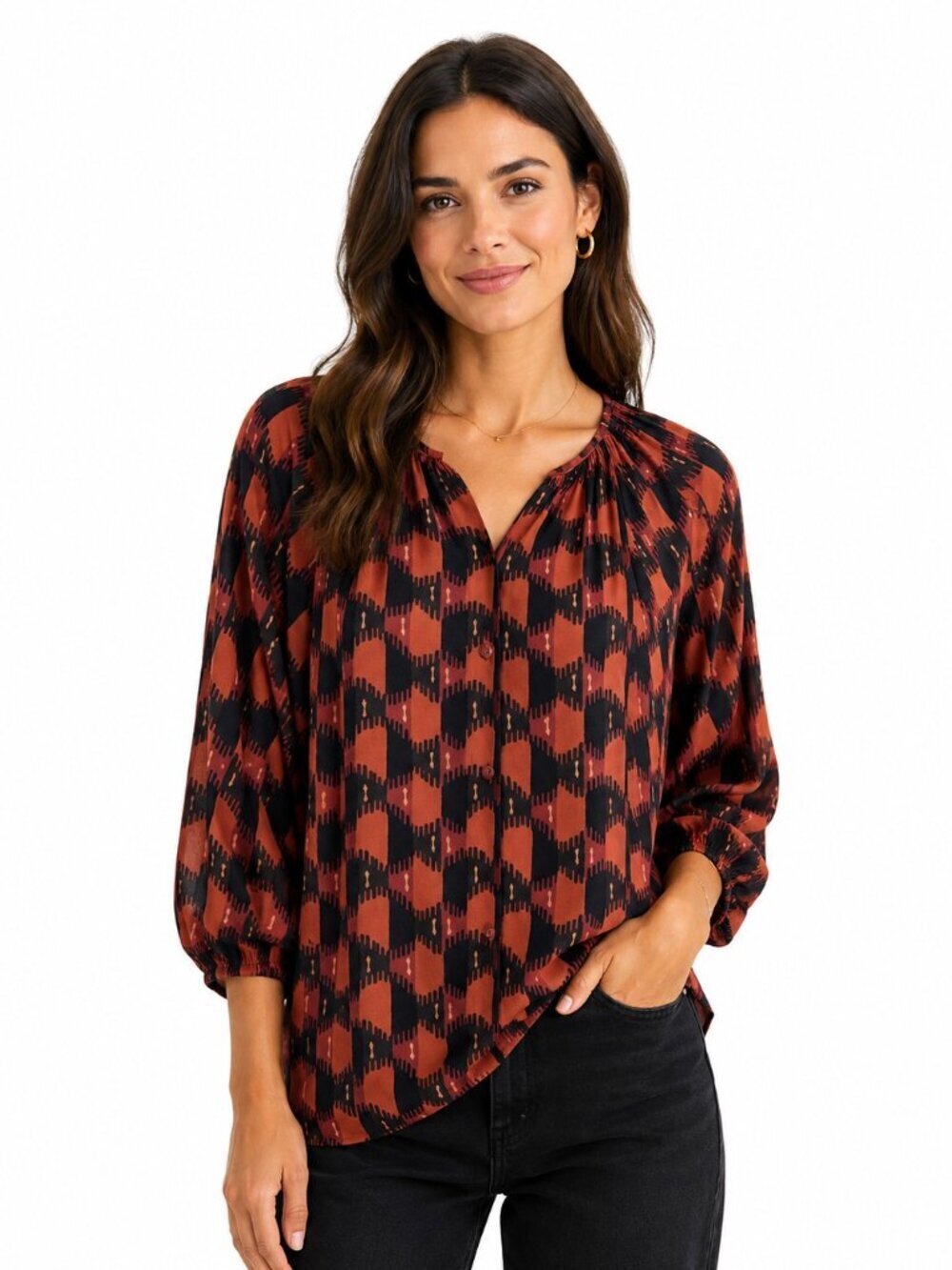 Tucker Cinnamon Black Print Silk Tunic Top